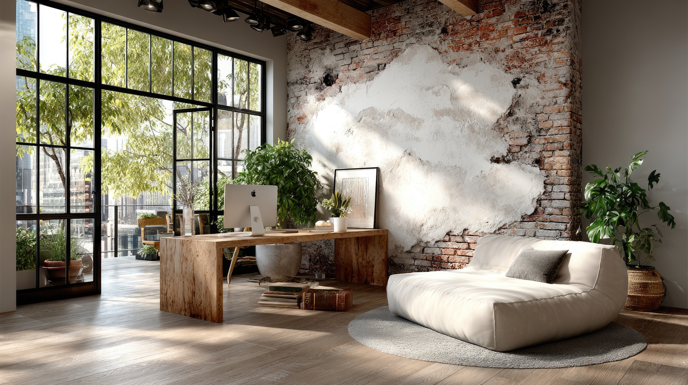 Modern loft workspace with city views. Sunlight streams into a light-filled industrial-chic interior