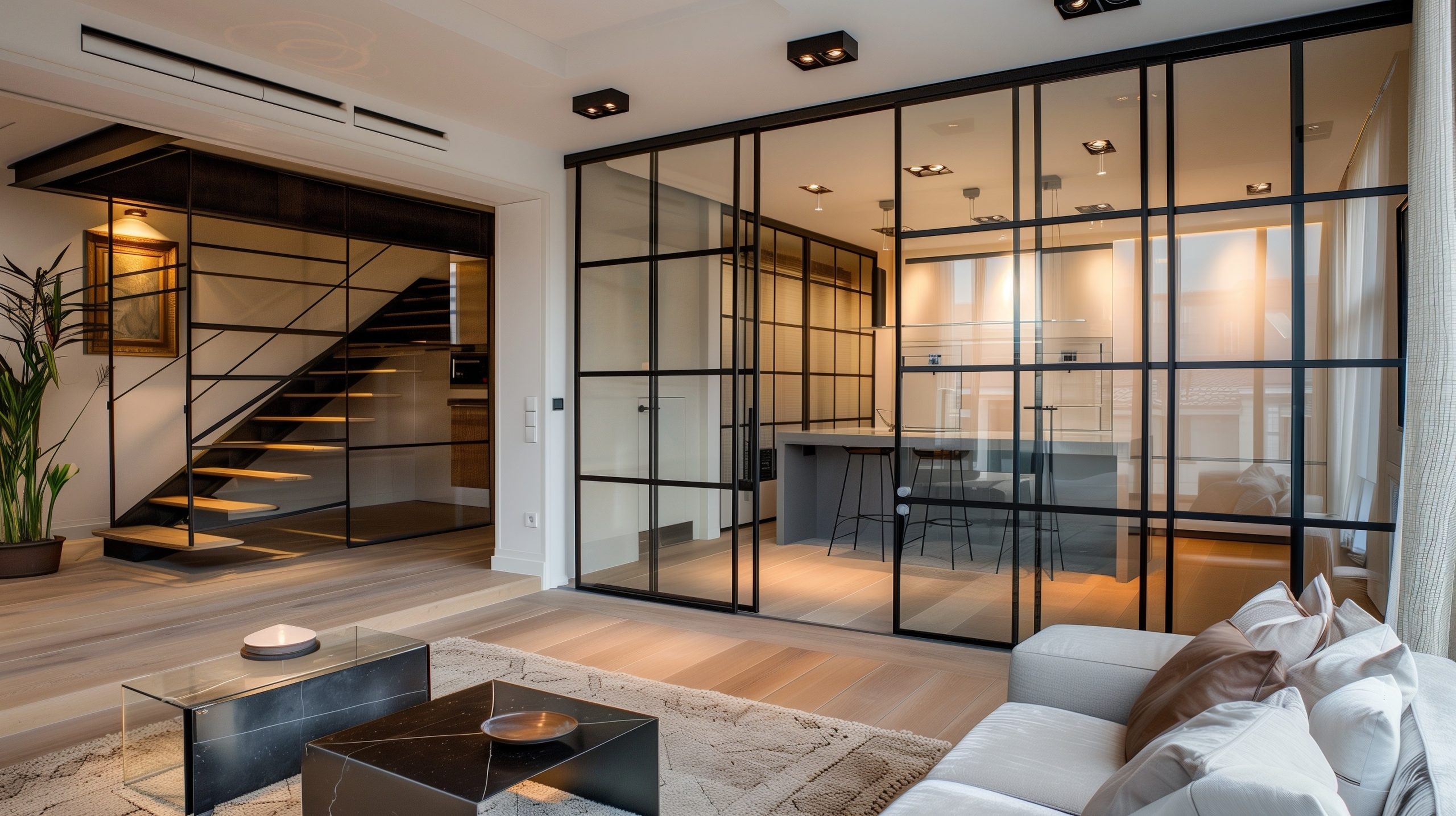 Modern sliding doors with black metal frames and clear or frosted glass panels